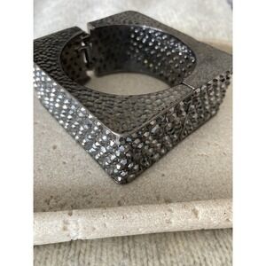 Gunmetal Rhinestone Square‎ Hinged Bangle Bracelet Hammered Wide Statement